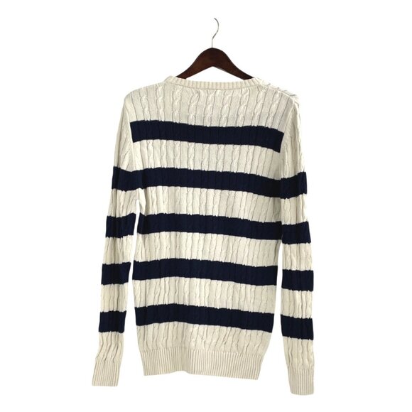 Donato Mens Large Cable Knit Cotton Sweater Striped Navy Cream Crewneck Nautical - Picture 2 of 8
